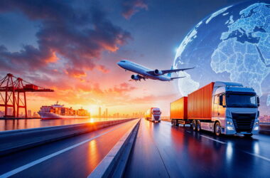 Global logistics scene showing airplane, trucks, and ships with a glowing digital globe over a port at sunset.