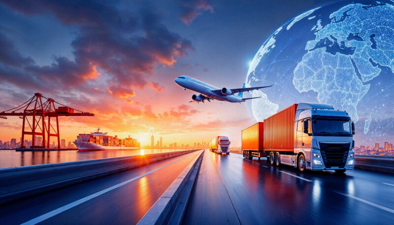 Global logistics scene showing airplane, trucks, and ships with a glowing digital globe over a port at sunset.