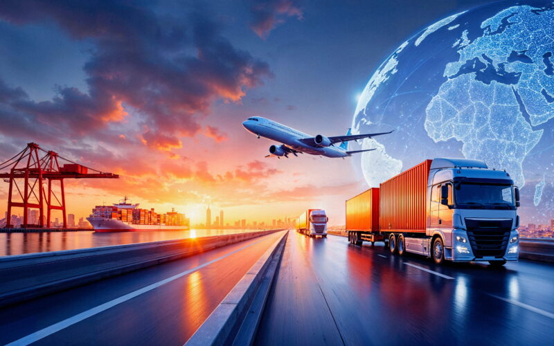 Global logistics scene showing airplane, trucks, and ships with a glowing digital globe over a port at sunset.