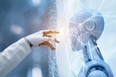 Humanoid robot hand reaching toward glowing network lines in a futuristic AI setting.