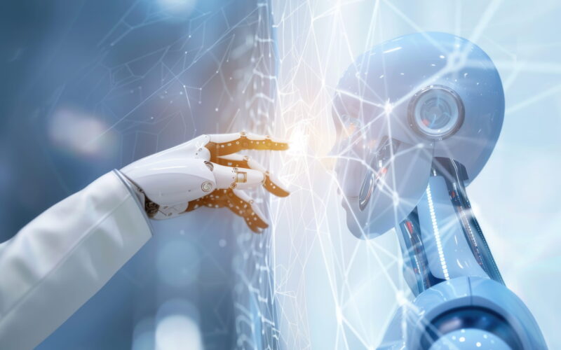 Humanoid robot hand reaching toward glowing network lines in a futuristic AI setting.