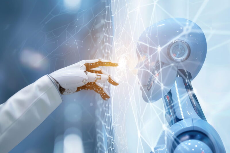 Humanoid robot hand reaching toward glowing network lines in a futuristic AI setting.