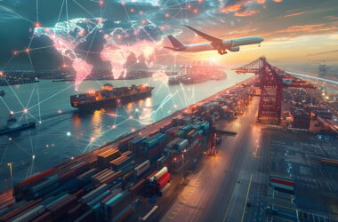 Port at sunset with cargo ships, stacked containers, a crane, and a jet in the sky with a neon world-map network overlay
