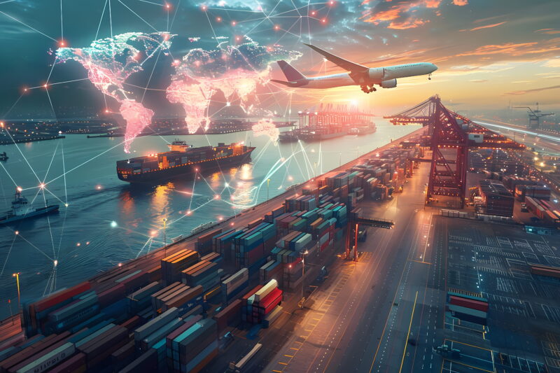 Port at sunset with cargo ships, stacked containers, a crane, and a jet in the sky with a neon world-map network overlay
