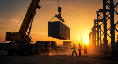 Crane lifts a shipping container at a construction site during sunset, workers in reflective vests nearby watching the operation.