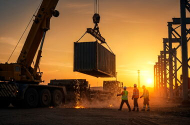Crane lifts a shipping container at a construction site during sunset, workers in reflective vests nearby watching the operation.