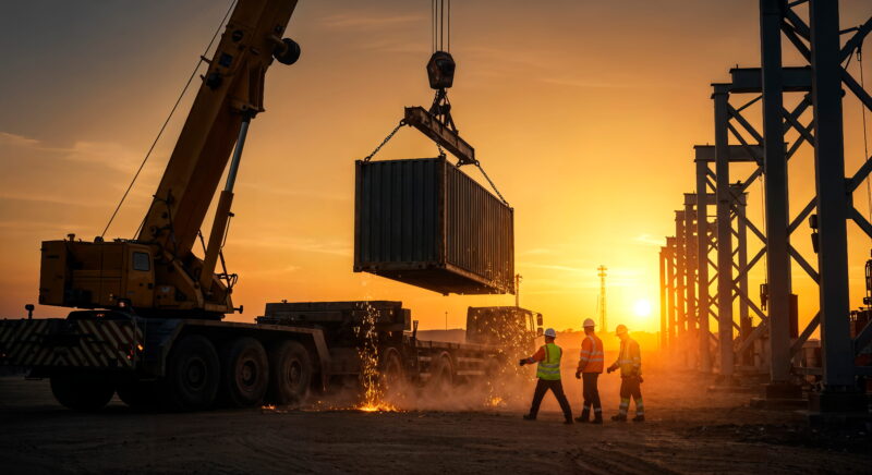 Crane lifts a shipping container at a construction site during sunset, workers in reflective vests nearby watching the operation.