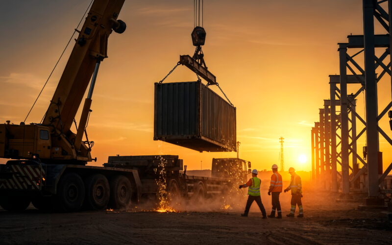 Crane lifts a shipping container at a construction site during sunset, workers in reflective vests nearby watching the operation.