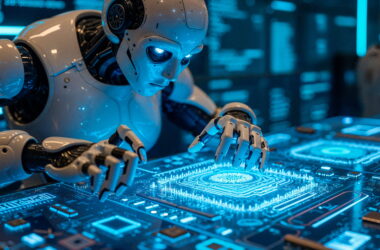 Humanoid robot leaning over a glowing blue circuit board in a high-tech lab, examining it closely, AI-focused scene.