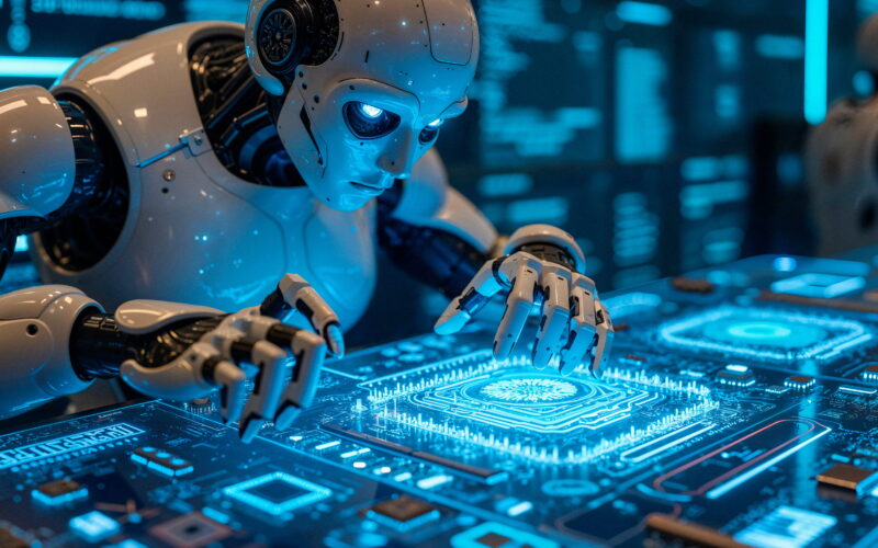 Humanoid robot leaning over a glowing blue circuit board in a high-tech lab, examining it closely, AI-focused scene.