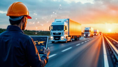 Worker in an orange hard hat and blue uniform holds a laptop displaying a world map while trucks drive on a highway at sunset, with a digital network overlay above.
