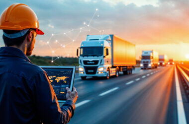 Worker in an orange hard hat and blue uniform holds a laptop displaying a world map while trucks drive on a highway at sunset, with a digital network overlay above.