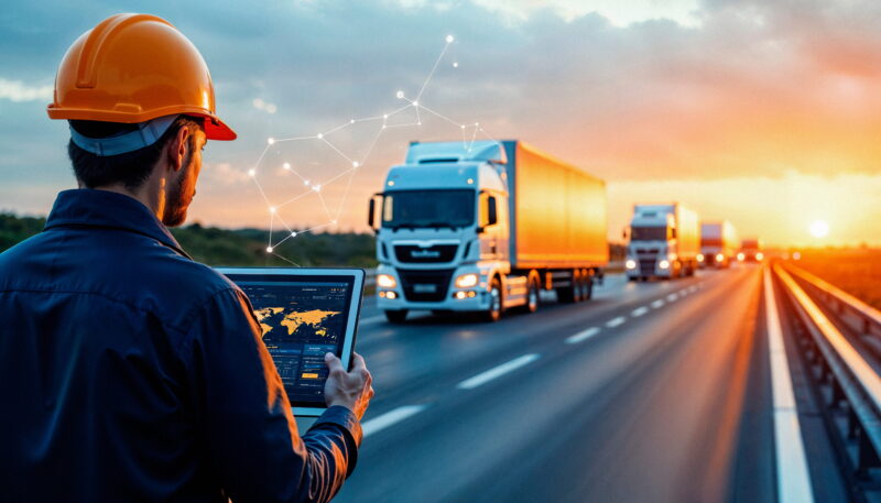 Worker in an orange hard hat and blue uniform holds a laptop displaying a world map while trucks drive on a highway at sunset, with a digital network overlay above.