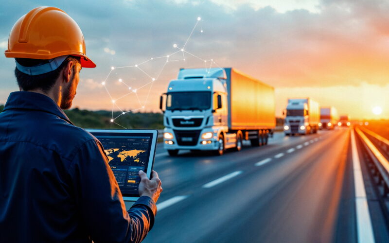 Worker in an orange hard hat and blue uniform holds a laptop displaying a world map while trucks drive on a highway at sunset, with a digital network overlay above.